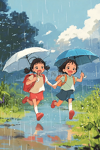 海报夏季雨天孩子玩耍手绘插画海报