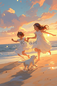 夏日海边沙滩玩耍插画图片_唯美海边玩耍手绘插画夏日海报