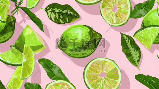 柠檬纯色插画图片_粉色场景绿色水果柠檬的插画