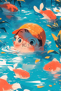 水里的金鱼插画图片_可爱孩子游泳泳池夏季手绘插画