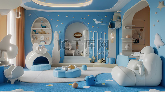 蓝色卡通儿童的房间插画设计