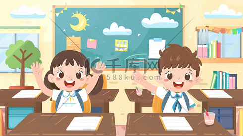 教室两个孩子举手原创插画