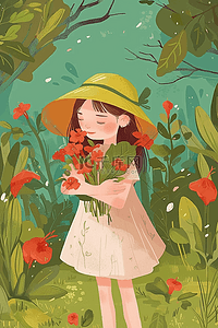 女孩夏季植物花朵手绘插画