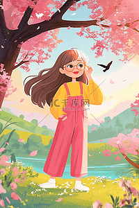 女孩夏季樱花树手绘插画海报