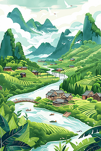 夏季插画山河水彩手绘海报
