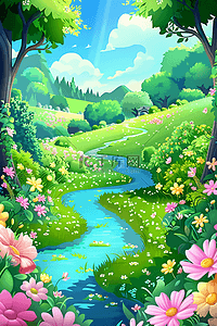 蓝色拱门插画图片_夏天绿树花朵小溪手绘海报插图