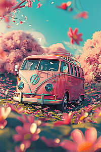 夏天粉色樱花中巴士车手绘海报插画
