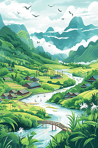 夏季手绘山河水彩插画海报