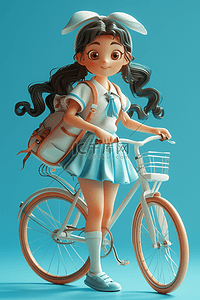 蓝色的自行车插画图片_自行车3d女孩插画海报