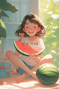 吃夏天的西瓜插画图片_女孩西瓜夏日手绘插画海报