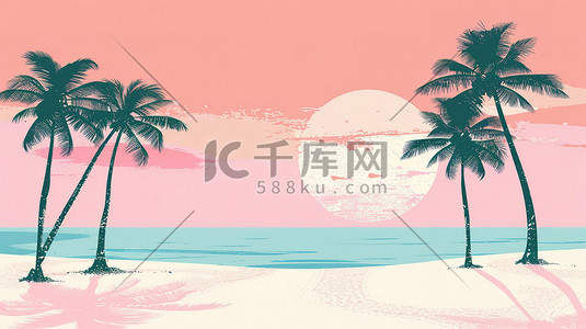 热带棕榈芭蕉叶插画图片_热带海滩粉彩插画