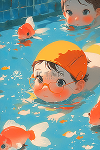 水里的金鱼插画图片_可爱孩子泳池游泳夏季手绘插画