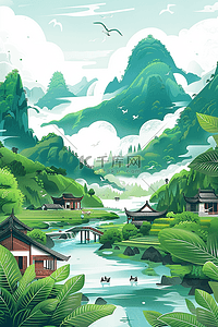 这是美好的一天插画图片_手绘夏季山河水彩插画海报