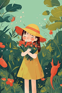 夏季叶子海报插画图片_手绘插画夏季女孩植物花朵