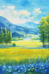 黄色水彩花朵插画图片_夏季唯美风景花朵山峰海报插画