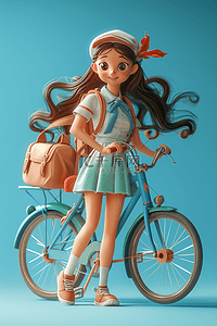 蓝色的自行车插画图片_女孩3d自行车插画海报
