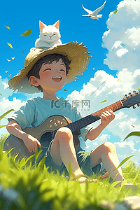 男孩弹吉他草地夏日手绘插画海报