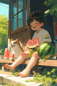 男孩西瓜乘凉手绘插画海报夏季