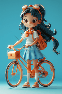 蓝色的自行车插画图片_女孩自行车3d海报插画