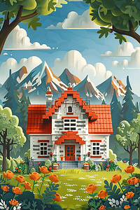 山峰夏季乡村房子树木手绘海报插画设计