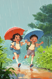 奔跑中的插画图片_雨天孩子玩耍手绘海报夏季插画海报