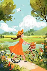 橙色的小女孩插画图片_女孩出游夏日唯美插画海报