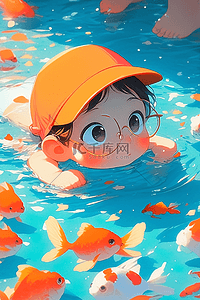 水里的金鱼插画图片_孩子可爱游泳泳池夏季手绘插画