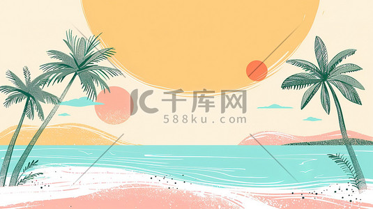 热带棕榈芭蕉叶插画图片_热带海滩粉彩插画