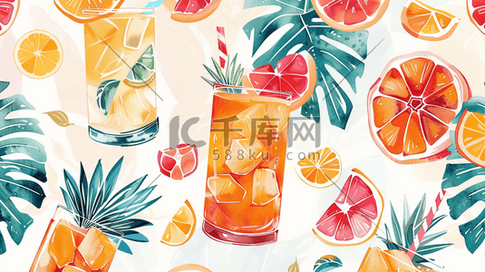饮料食品插画图片_彩色水果场景玻璃杯饮料的插画