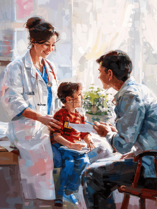 个人护理首页插画图片_年轻妈妈带着孩子看医生