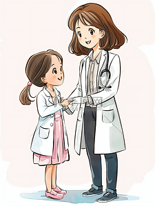 个人护理首页插画图片_女儿权威工作服年轻妈妈带着孩子看医生