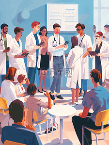 人际关系插画图片_彩色图片青年男人检查女医生和患者家庭