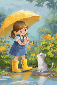 雨天夏季女孩小猫植物手绘插画