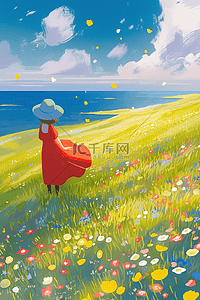 穿着红色的衣服插画图片_夏季手绘女孩绿草鲜花插画