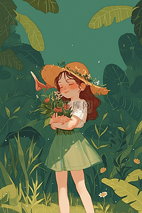 女孩鲜花夏季绿植插画海报