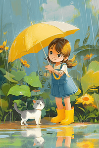绿色灰色插画图片_雨天女孩小猫植物手绘插画夏季