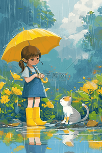 灰色绿色插画图片_雨天女孩小猫植物夏季手绘插画