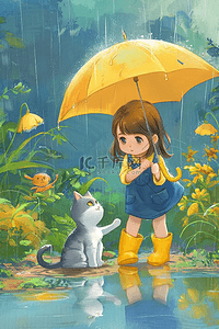 清蓝色插画图片_夏季雨天女孩小猫植物手绘插画