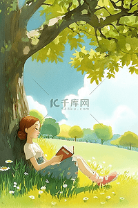 坐在树下读书插画图片_女孩树下读书夏季插画海报
