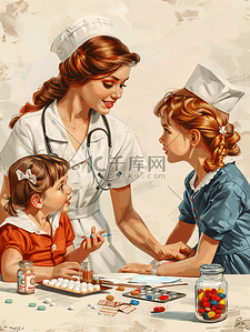 喝喝水插画图片_女护士陪伴儿童小女孩吃药