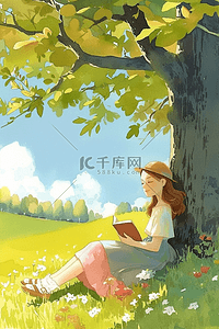 坐在树下读书插画图片_女孩树下夏季读书插画海报