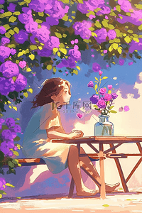 反射对称插画图片_唯美夏季紫色蔷薇女孩手绘海报矢量插画