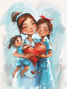 医疗健康爱心插画图片_女护士和小朋友一起拿爱心