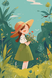女孩夏季鲜花绿植插画海报
