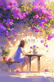 唯美紫色夏季蔷薇女孩手绘海报插画素材