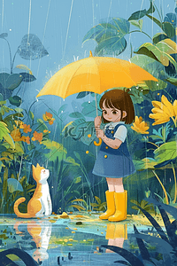 雨天女孩小猫植物手绘夏季插画