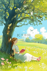 坐在树下读书插画图片_夏季女孩树下插画读书海报