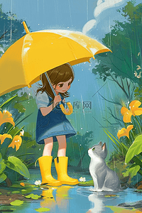 高清黄色插画图片_植物夏季雨天女孩小猫手绘插画