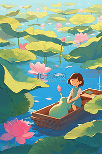 夏季池塘莲叶手绘荷花插画海报