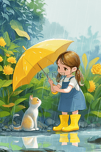 清蓝色插画图片_夏季雨天女孩小猫植物插画手绘